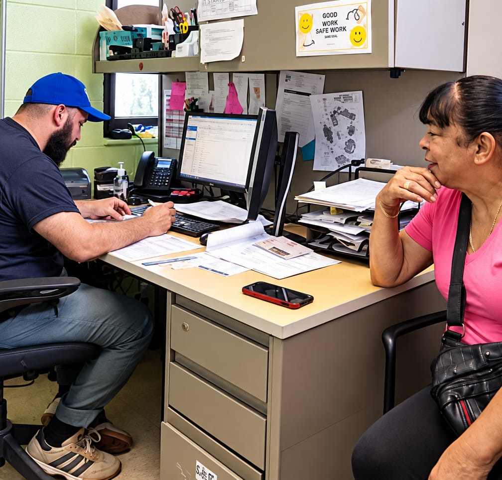 Man at desk with woman beside it in pink