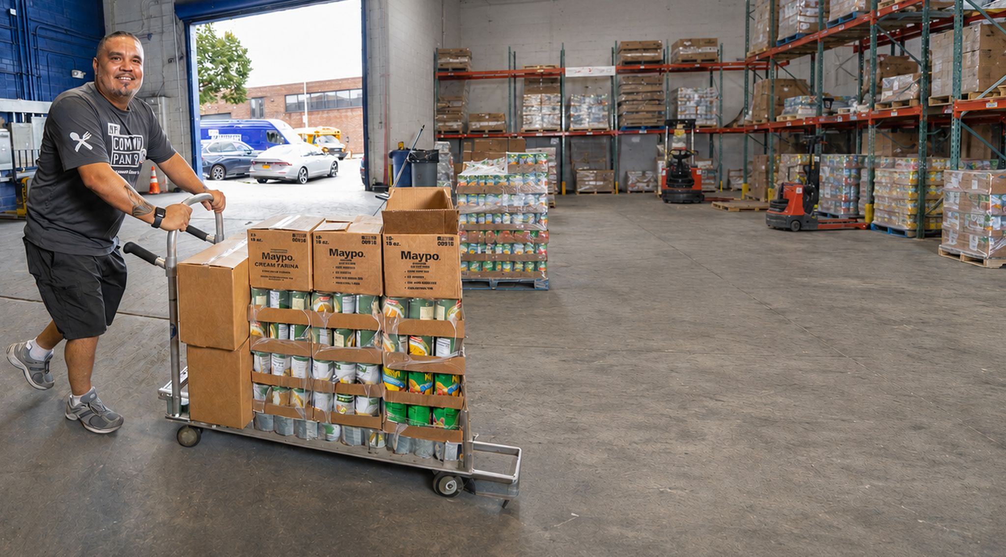 Man pushing a palette of food in a warehouse