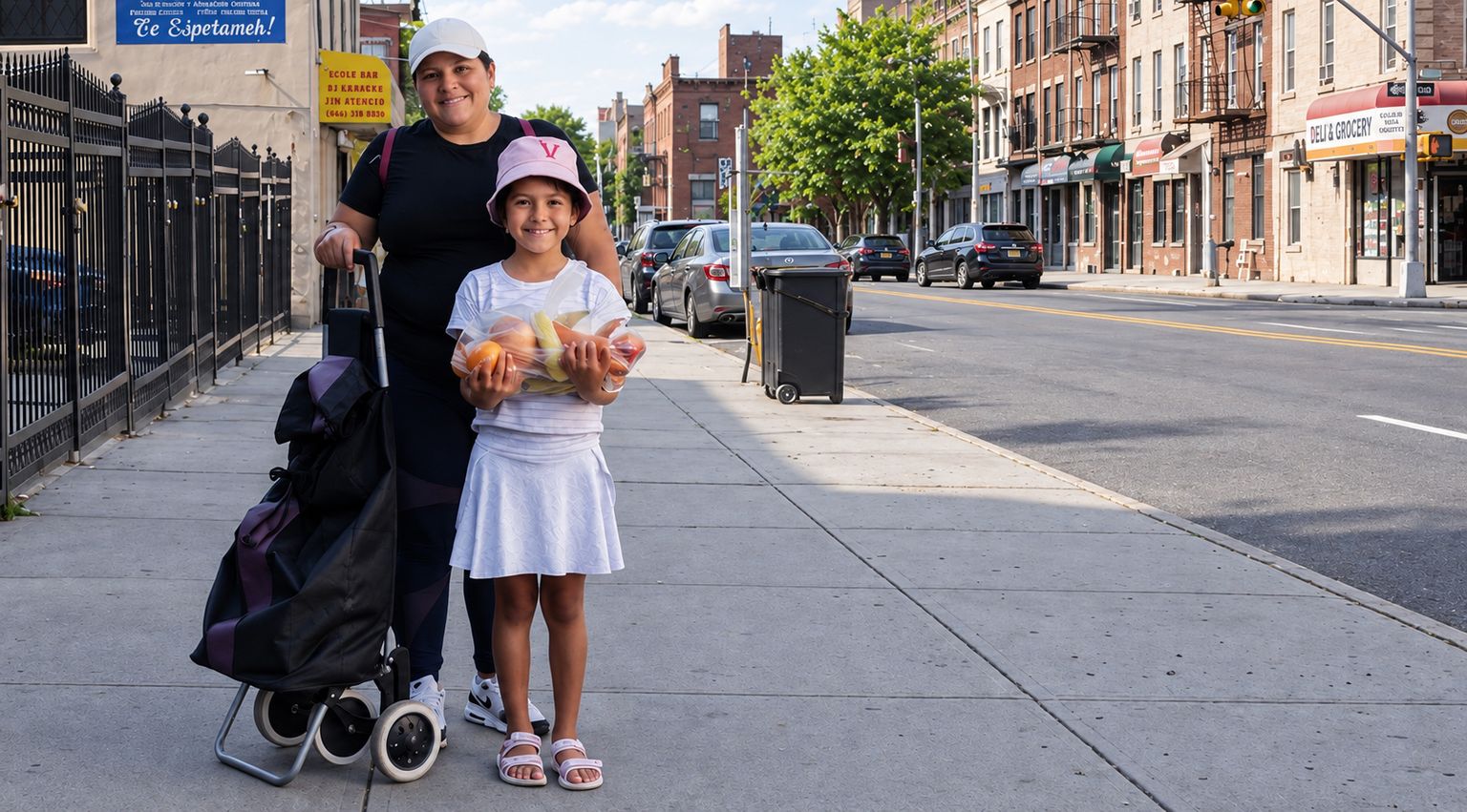 Woman and child on a street holding produce